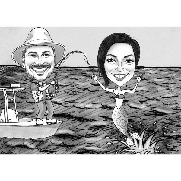 Смешная карикатура пары на рыбалке в черно-белом стиле с пользовательским фоном