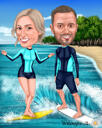 Caricatura de pareja surfeando