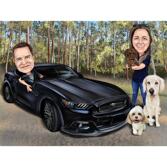 Couple with Dogs and Car Colored Caricature Drawing on Custom Background