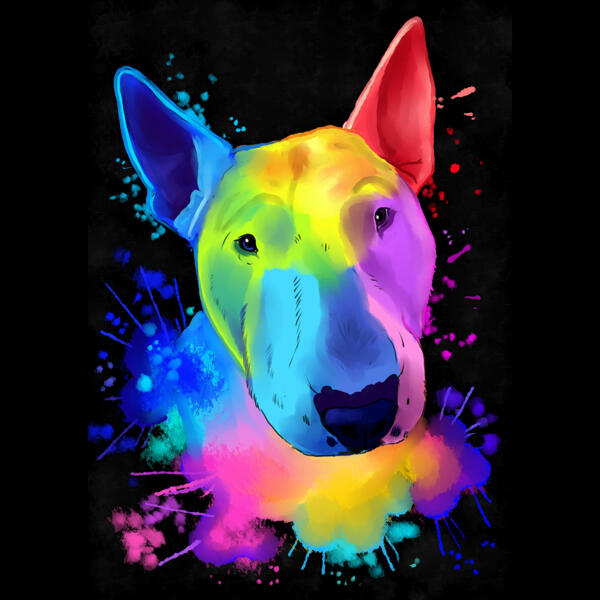 Akvarel Rainbow Bull Terrier karikatura portrét na černém pozadí