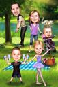 Disegno di cartone animato di una famiglia di 5 persone