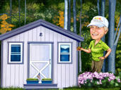 Garden Worker Cartoon Drawing in Color Style with Custom Background