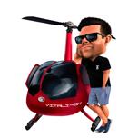 Mann mit Hubschrauber als farbige Karikatur im übertriebenen Stil für individuelles Geschenk
