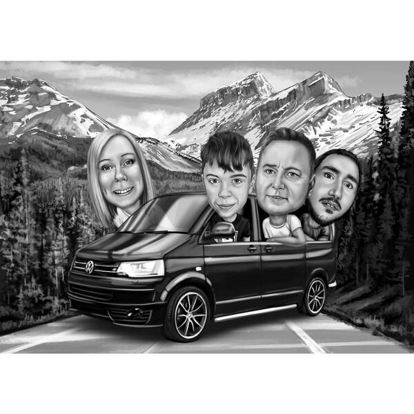 Caricatura en blanco y negro de familia en autobús extraída de fotos