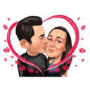 Hearted Kiss on Cheek Couple Caricature in Color Style from Photo