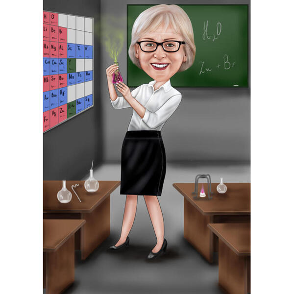 Ķīmijas skolotāja karikatūras zīmējums