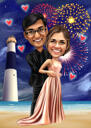 Engagement Couple Caricature Gift with Romantic Night Stars Background