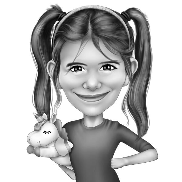 Caricature d'un enfant avec son jouet préféré : style noir et blanc