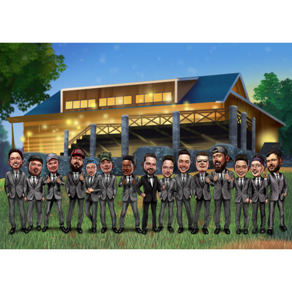 Caricature de garçons d'honneur avec une maison en arrière-plan