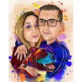 Watercolor Couple with Pet Portrait Drawing from Photos with One Color Background