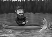 Černobílá karikatura rybáře