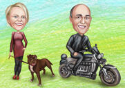 Pariskunta koiran karikatyyrin ratsastusmoottoripyörän kanssa
