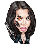 Exaggerated Caricature of Armed Female Terminator