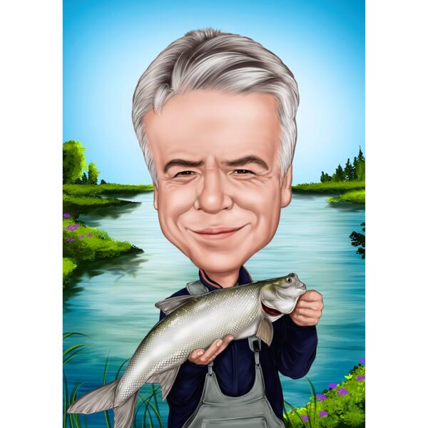 Caricatura de pesca dibujada a mano: retrato digital personalizado