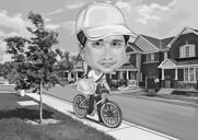 Bicycler Caricature in Black and White Exaggerated Style on Custom Background
