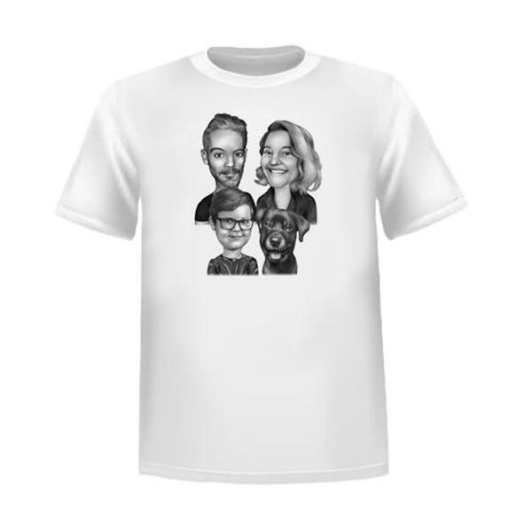 T-shirt karikaturgåva av familjen med husdjurstecknad porträtt i svartvit stil från foton
