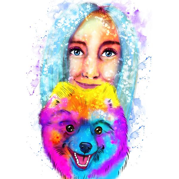Person with Pomeranian Spitz Cartoon Portrait in Watercolor Style