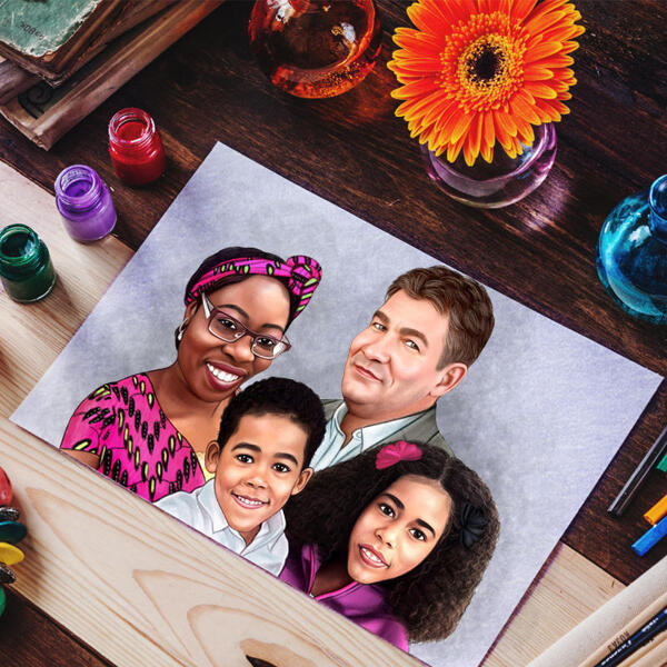 Impresión de póster: caricatura familiar de fotos dibujadas a mano en estilo coloreado