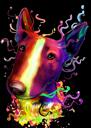 Akvarel Rainbow Bull Terrier Karikaturportræt på sort baggrund