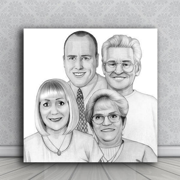 Groepsbeeldverhaalportret op canvas in zwart-witstijl van foto's