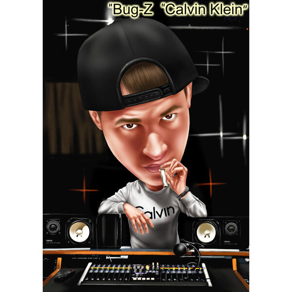 Mūzikas DJ karikatūras portrets ar pielāgotu fonu no fotoattēliem