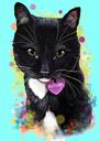 Melnbalts kaķa karikatūras portrets ar tirkīzzilu fonu akvareļu stilā