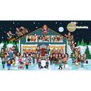 Gruppen-Weihnachtskarikaturkarte mit Gebäudehintergrund