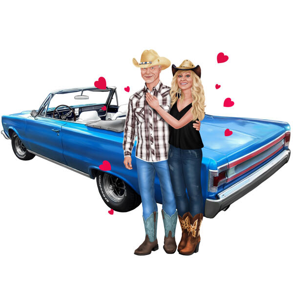 Paar mit Fahrzeug-Ganzkörperporträt im Farbstil vom Foto