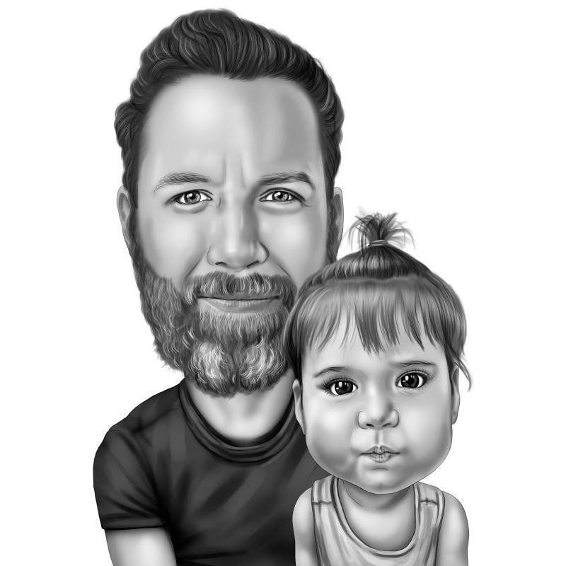 Custom Hand Drawn Daddy with Daughter Cartoon Portrait in Black and White  Style