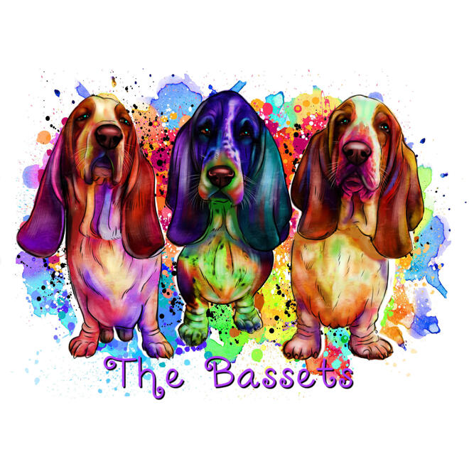 Grupul de câini Bassets în stil acuarelă complet din fotografii