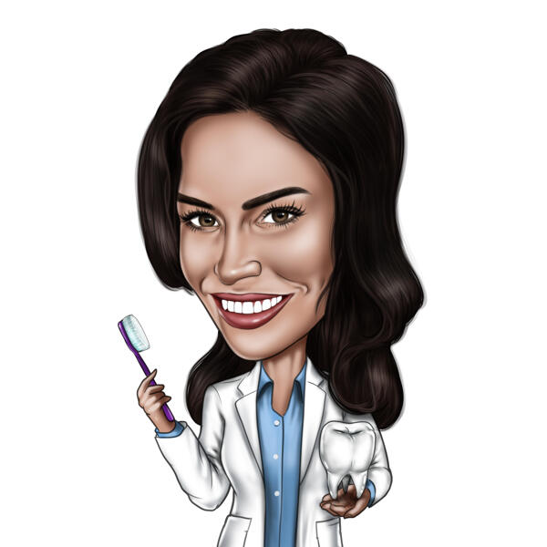 Caricatura de dentista personalizada sosteniendo un diente