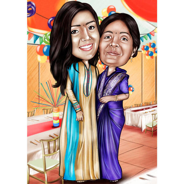 Dvě osoby barevný kreslený portrét v celotělovém indickém stylu z fotografie