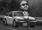 Melnbalta cilvēka karikatūra ar automašīnas fonu