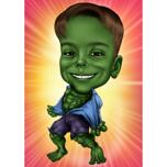 Caricature d'enfant de super-héros vert
