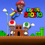 Lidojošs Super Daddio zīmējums ar diviem bērniem