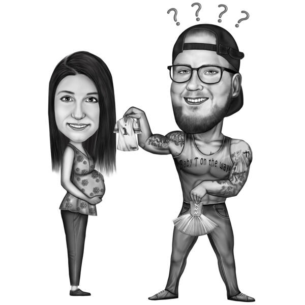 Pregnant Couple Caricature in Black and White Style from Photos