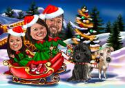 Cartão de família no trenó do Papai Noel com animais de estimação