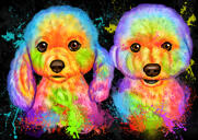 Pár psů karikaturní portrét ve stylu akvarelu na černém pozadí