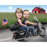 Caricature de couple sur moto Harley-Davidson avec arrière-plan