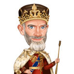 Henkilökarikatyyri kuninkaallisena kuninkaana valokuvista käsin piirretyllä kruunulla