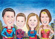 Цветная карикатура семьи супергероев на фоне Нью-Йорка по фотографиям