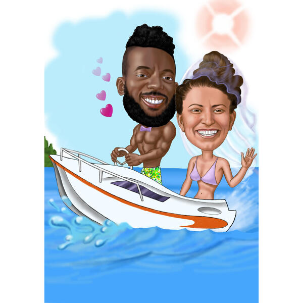 Par på båt med bröllopsslöja
