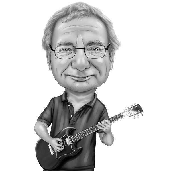 Карикатура на гитариста из мультфильмов по фотографиям в черно-белом стиле