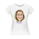 Sievietes krāsaina karikatūra no fotoattēliem uz T-krekla apdrukas