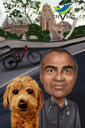 Besitzer mit Haustierkarikatur im Farbstil auf benutzerdefiniertem Hintergrund von Fotos