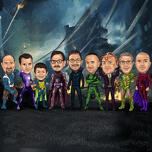Карикатурный рисунок группы супергероев жениха