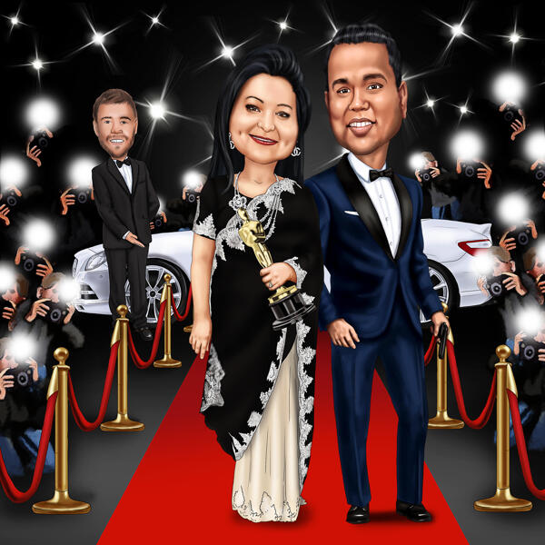 Caricatura di coppia sul tappeto rosso: sfondo di Hollywood