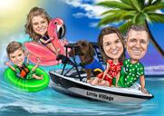 Caricatura de una familia con mascotas en un barco