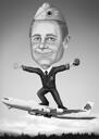 Caricatura de persona montando avión en estilo blanco y negro con fondo
