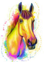 Portrait de caricature de cheval à partir de photos dans un style aquarelle néon arc-en-ciel
